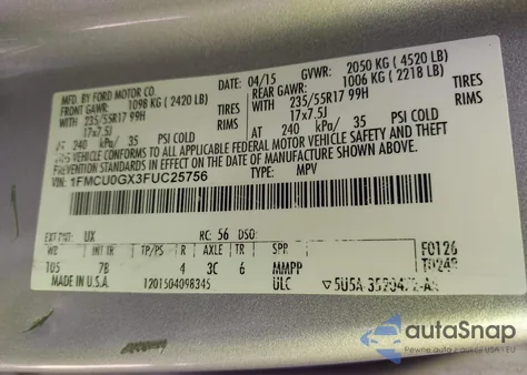 2015 Ford Escape Se из США, поврежденный, VIN 1FMCU0GX3FUC25756